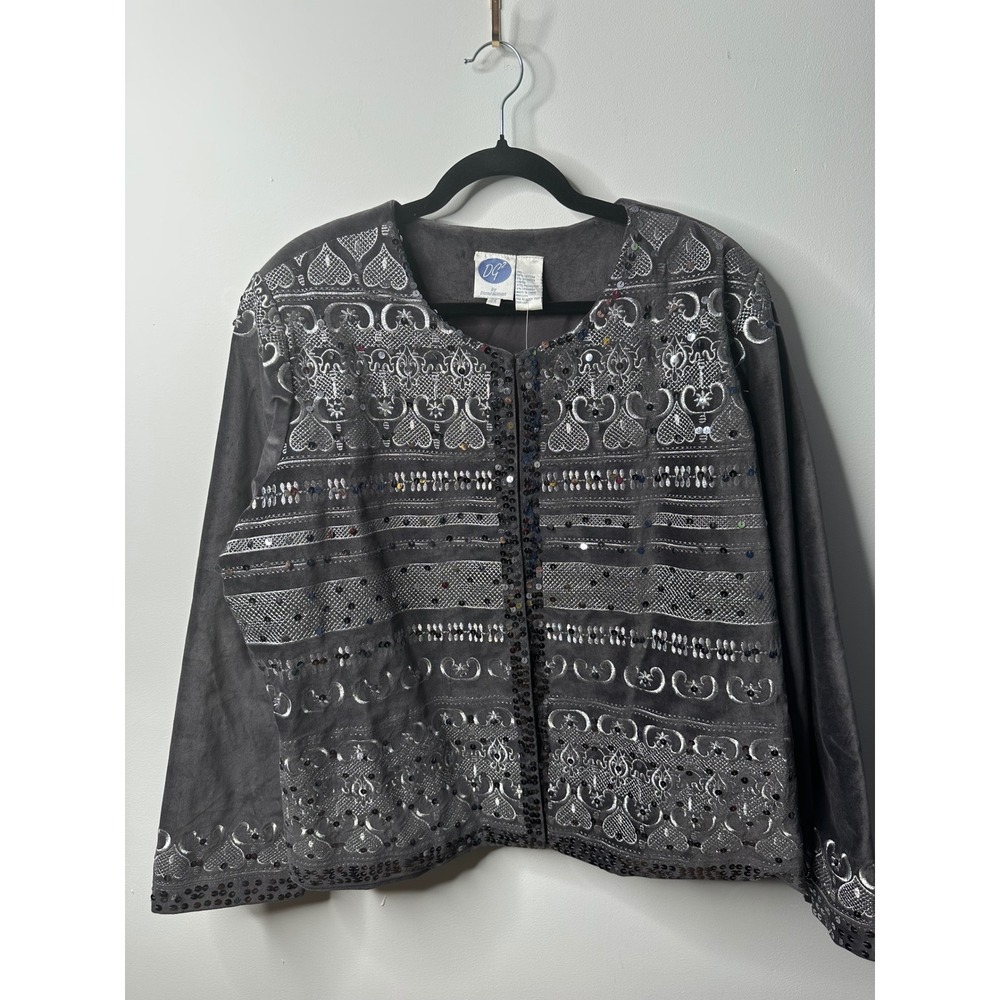 DG2 Diane Gilman Gray Faux Suede Embroidered Sequin Jacket Plus 2X Boho Silver